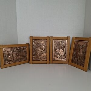 Vintage Albert Nadeau Copper Embossed Art Hanging Framed Animals Plaques